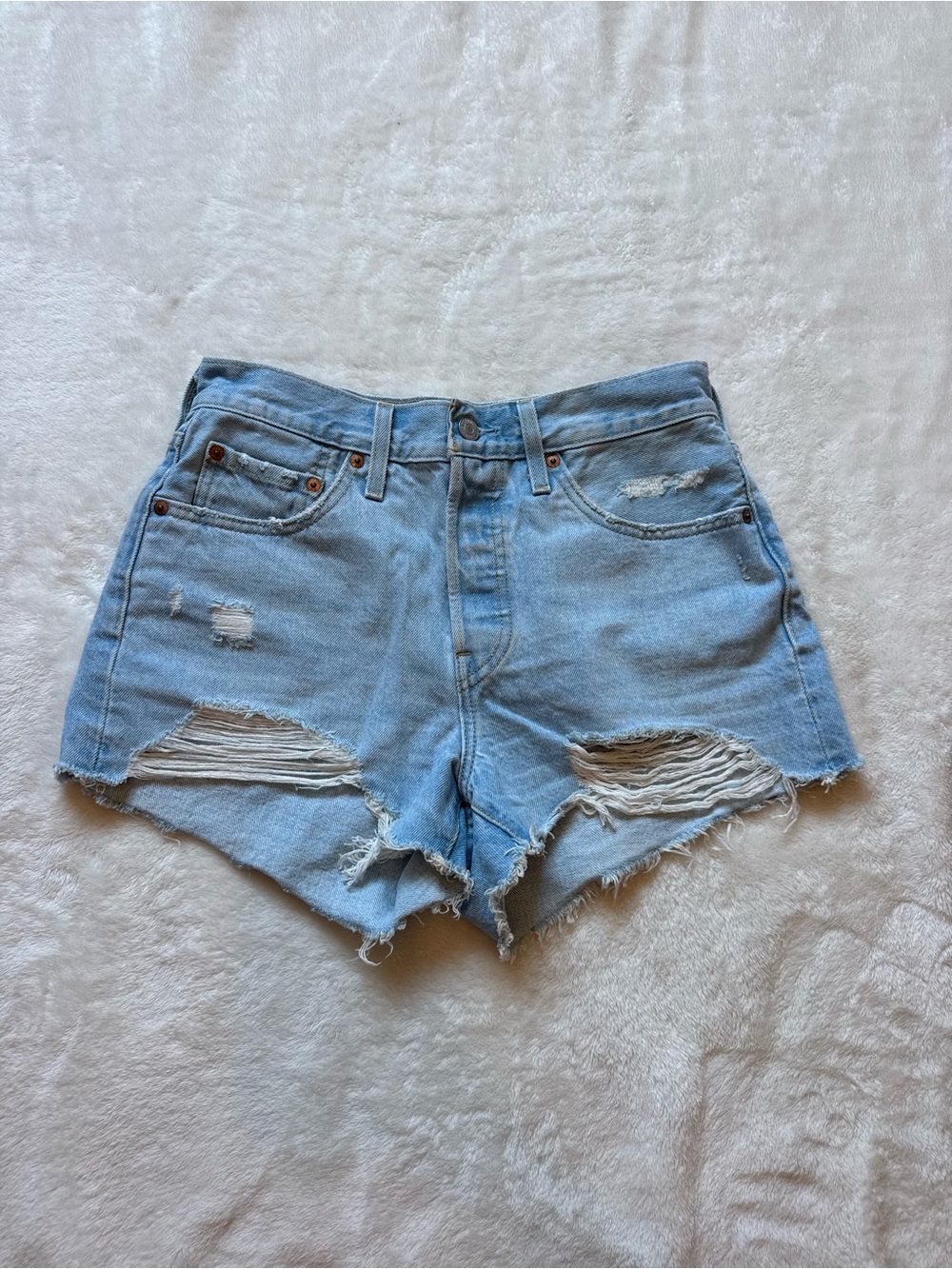 Levi's Light Blue Distressed High-Rise Denim Shorts